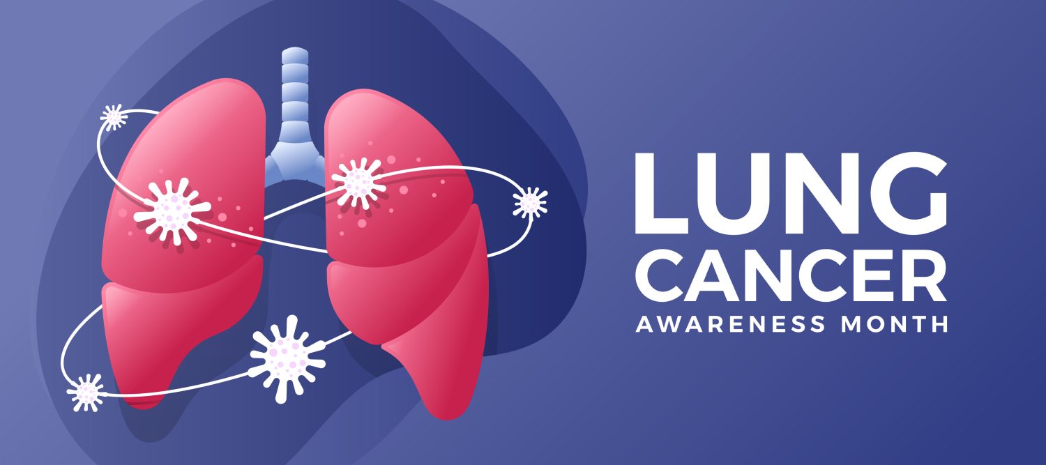 Lung cancer awareness month - Text and pink lung with line cancer cell rolling around on blue background vector design